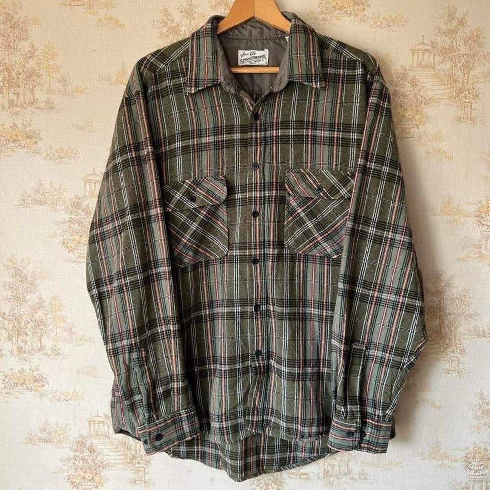 Vintage 90s Sears Roebuck Wool Blend Flannel | Green Plaid | XL Tall